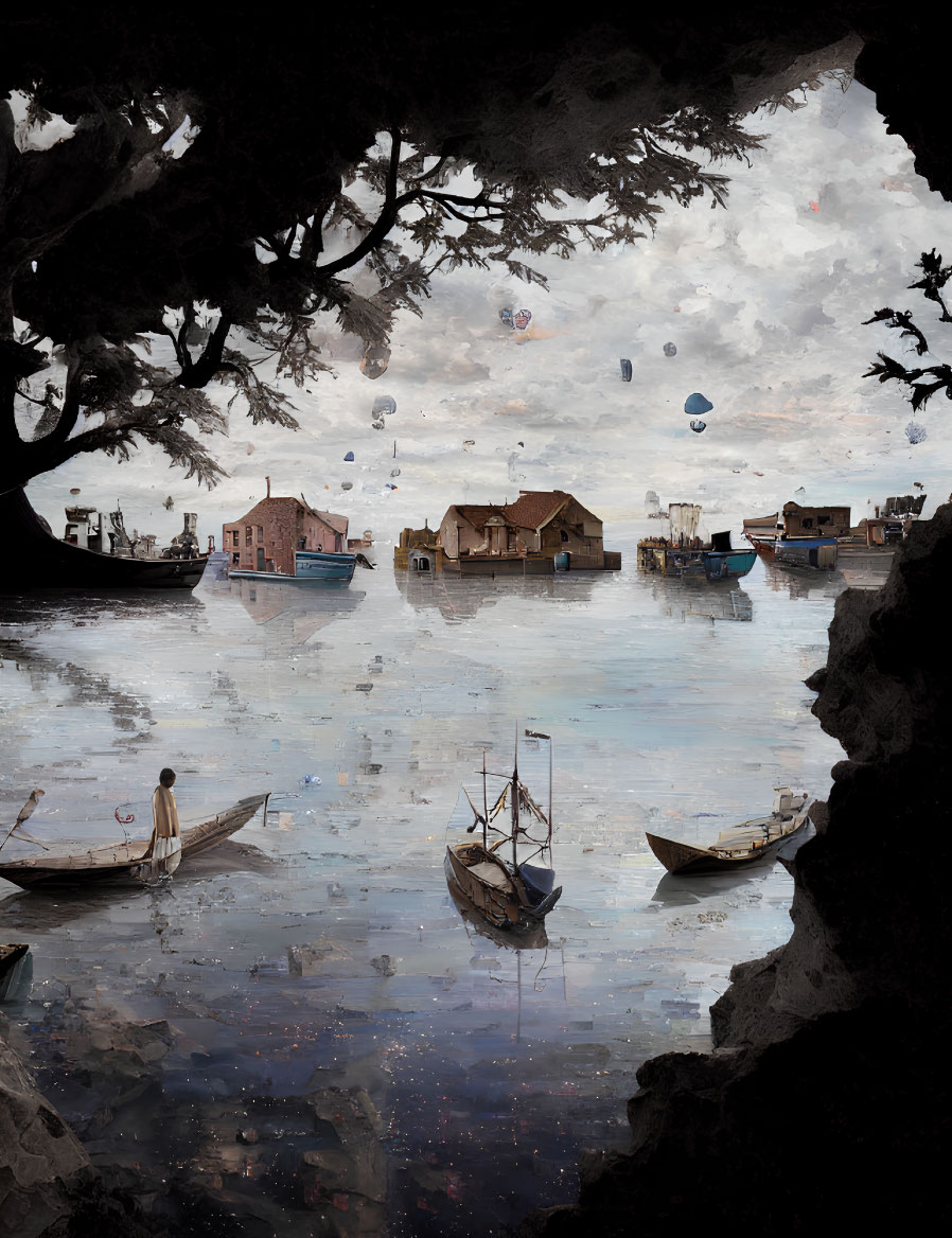 Tranquil water scene with boats, floating houses, hot air balloons, and cave entrance