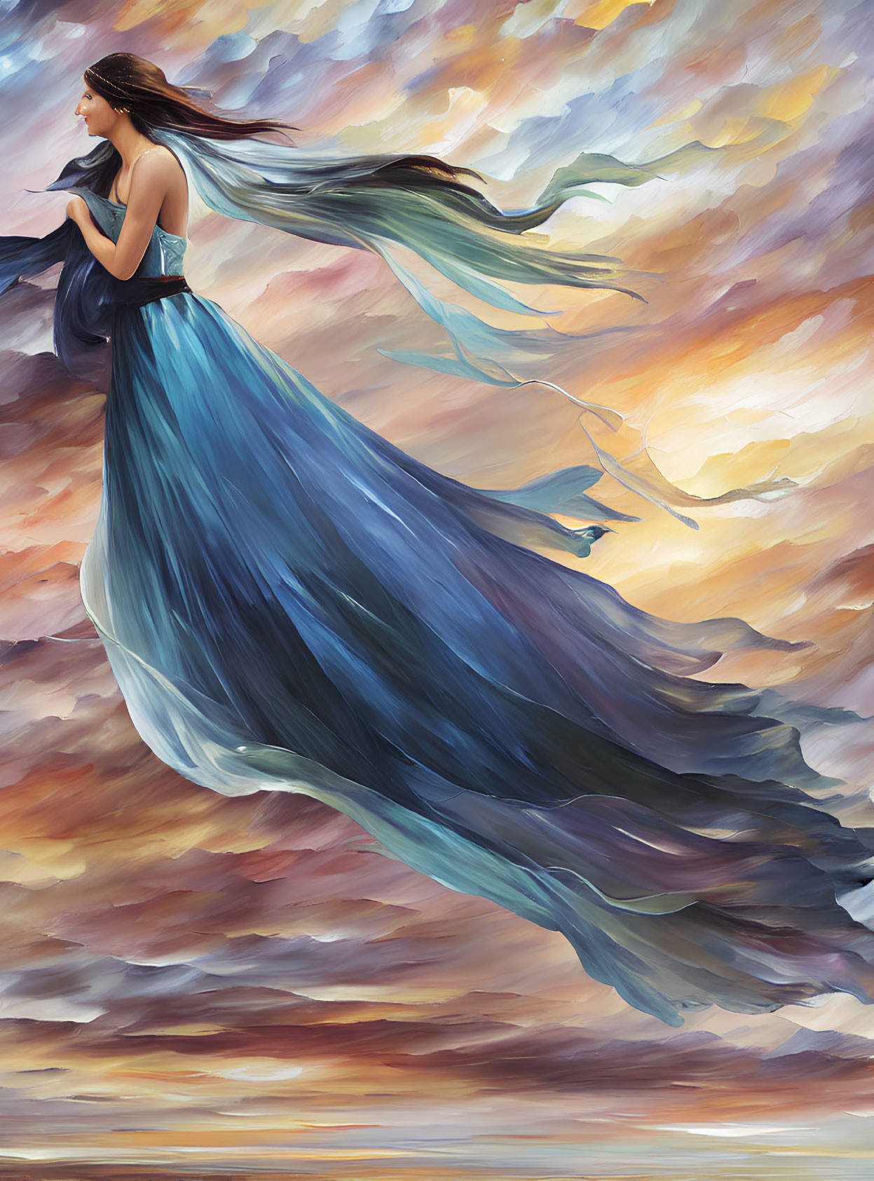 Woman in flowing blue dress against vibrant, cloud-swirled sky