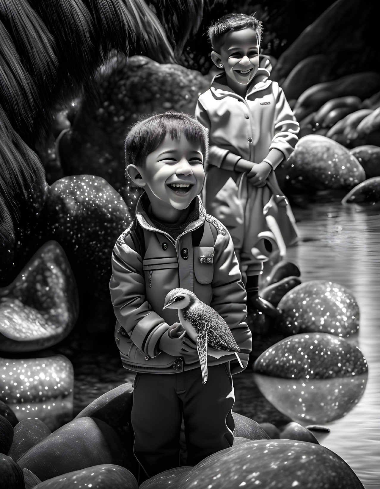 Two children outdoors with a bird, one smiling broadly. Monochrome, wet stones background.