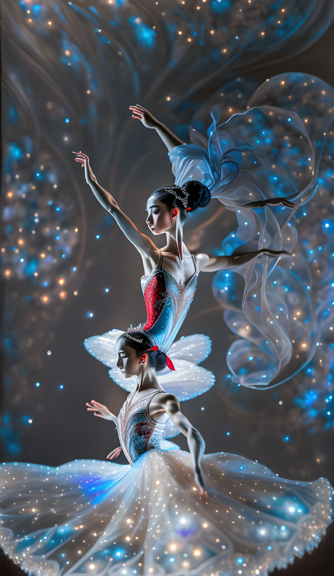 Graceful ballet dancers in surreal blue and white light swirl.