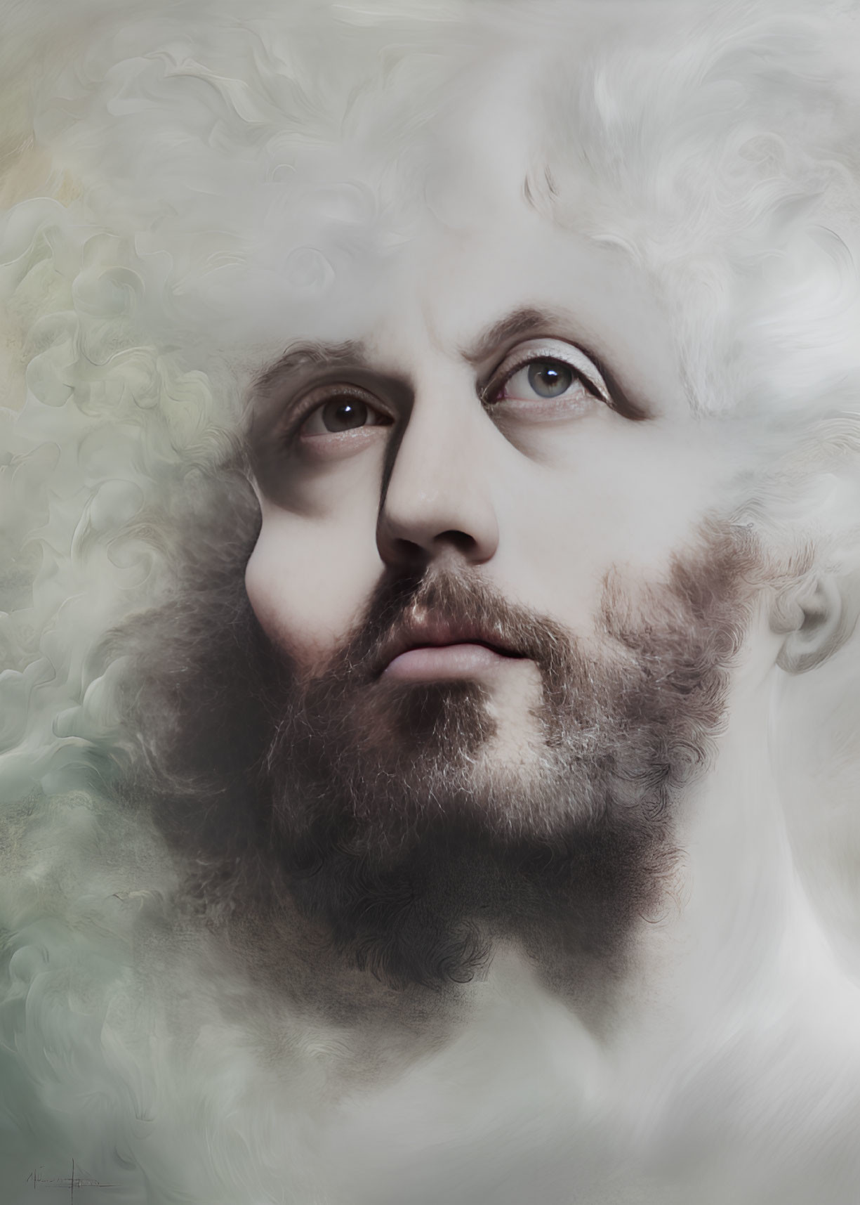 Man with Curly White Hair and Beard in Ethereal Setting