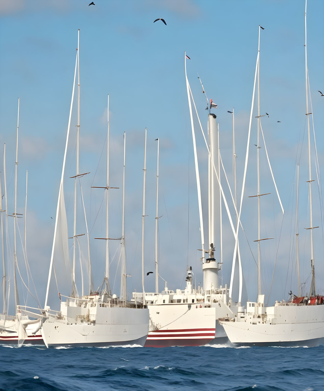 White Sailboats and Ship Sailing on Ocean Under Blue Sky