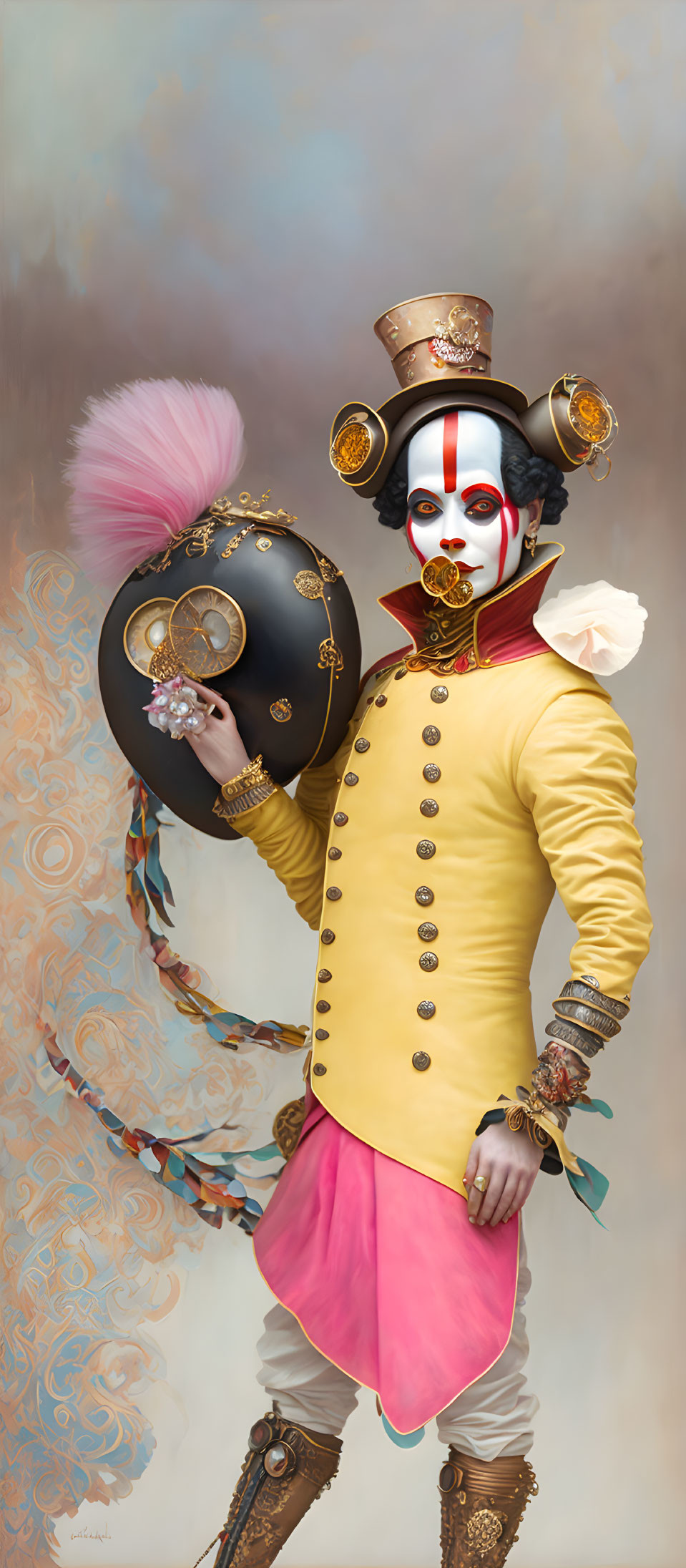 Elaborate Carnival Costume with White Makeup and Top Hat