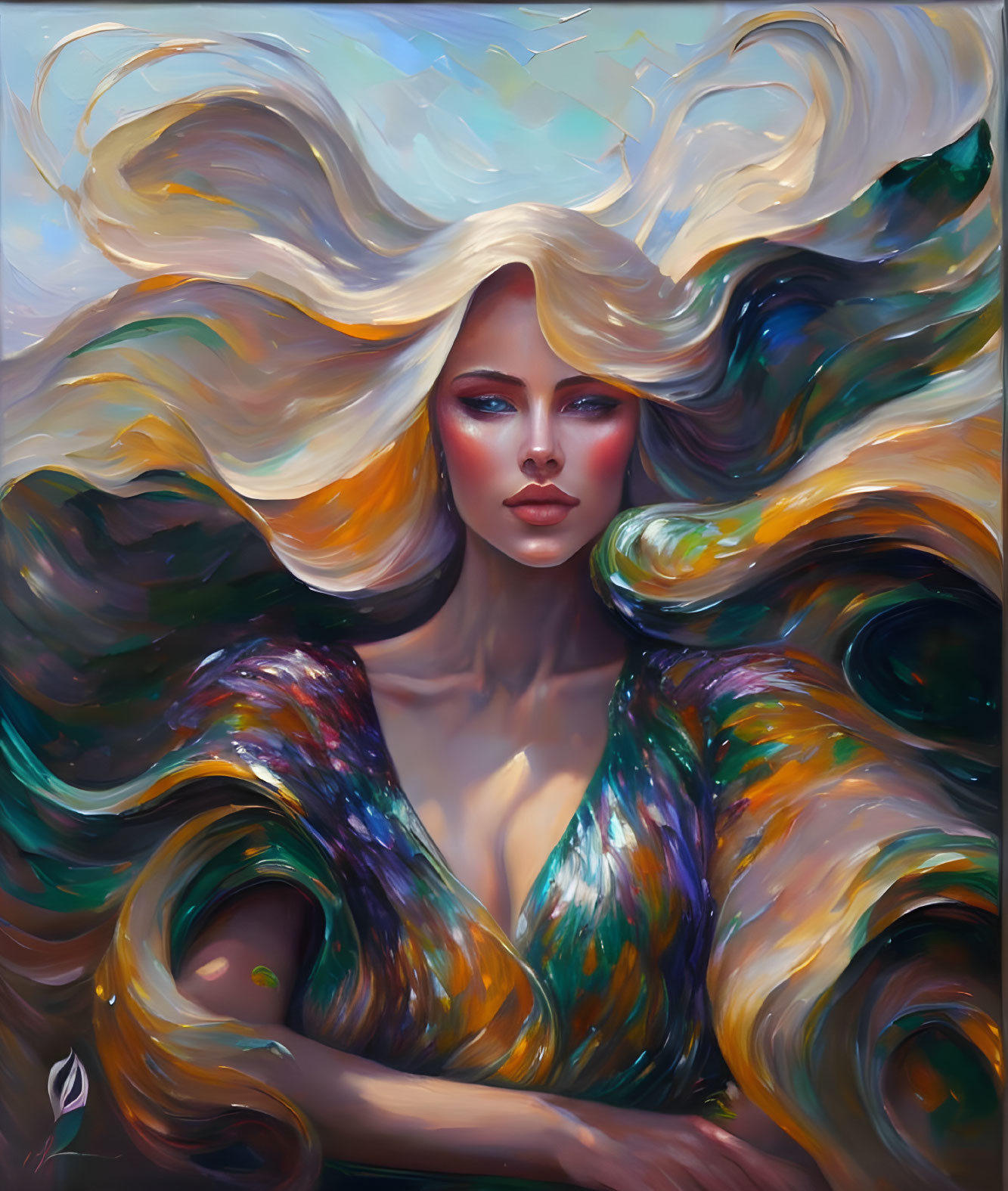 Colorful painting of woman with flowing hair and glittering dress against abstract swirl background