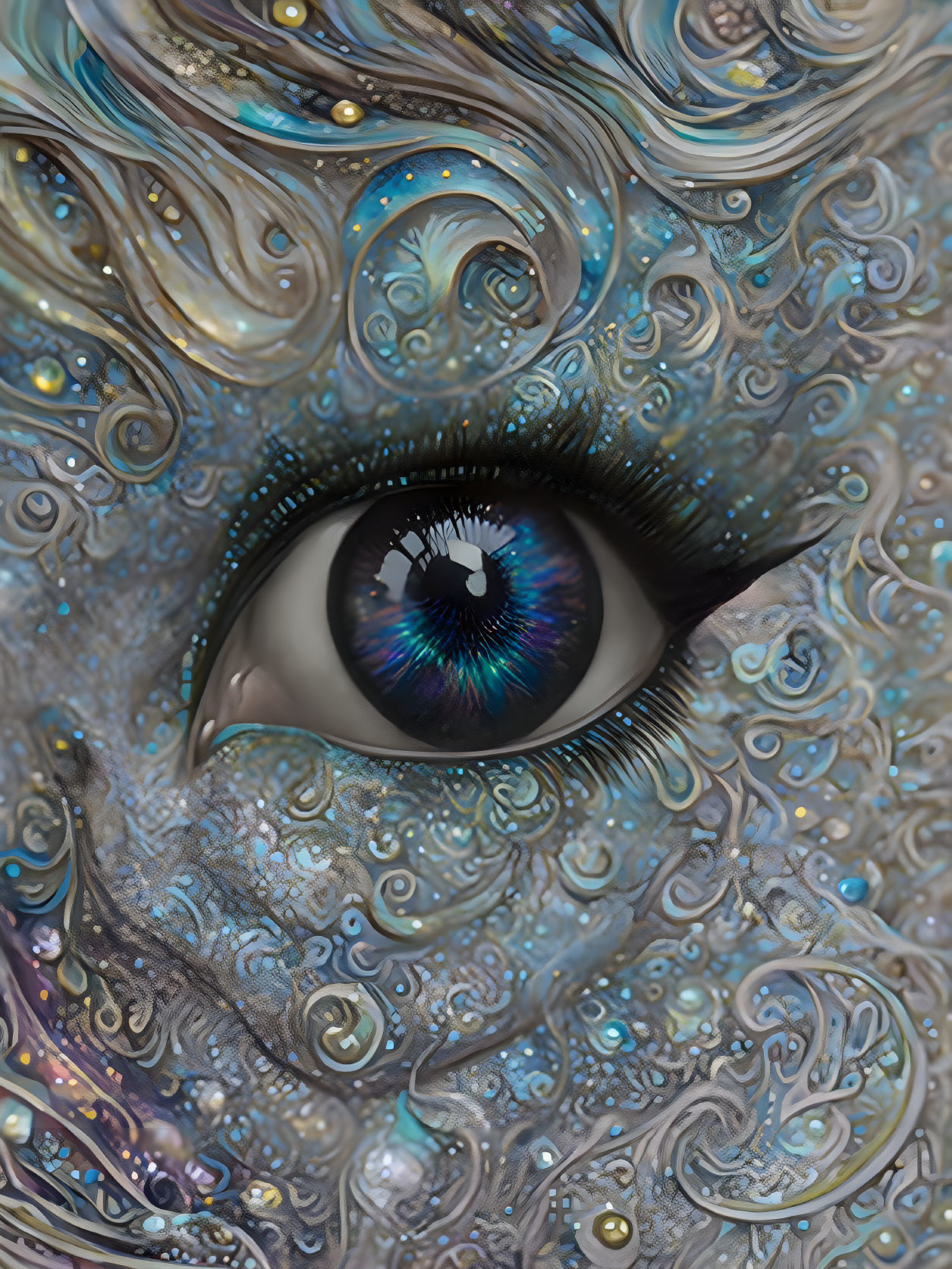 Close-up Digital Artwork: Eye with Cosmic Swirls in Blue, Grey, and Gold