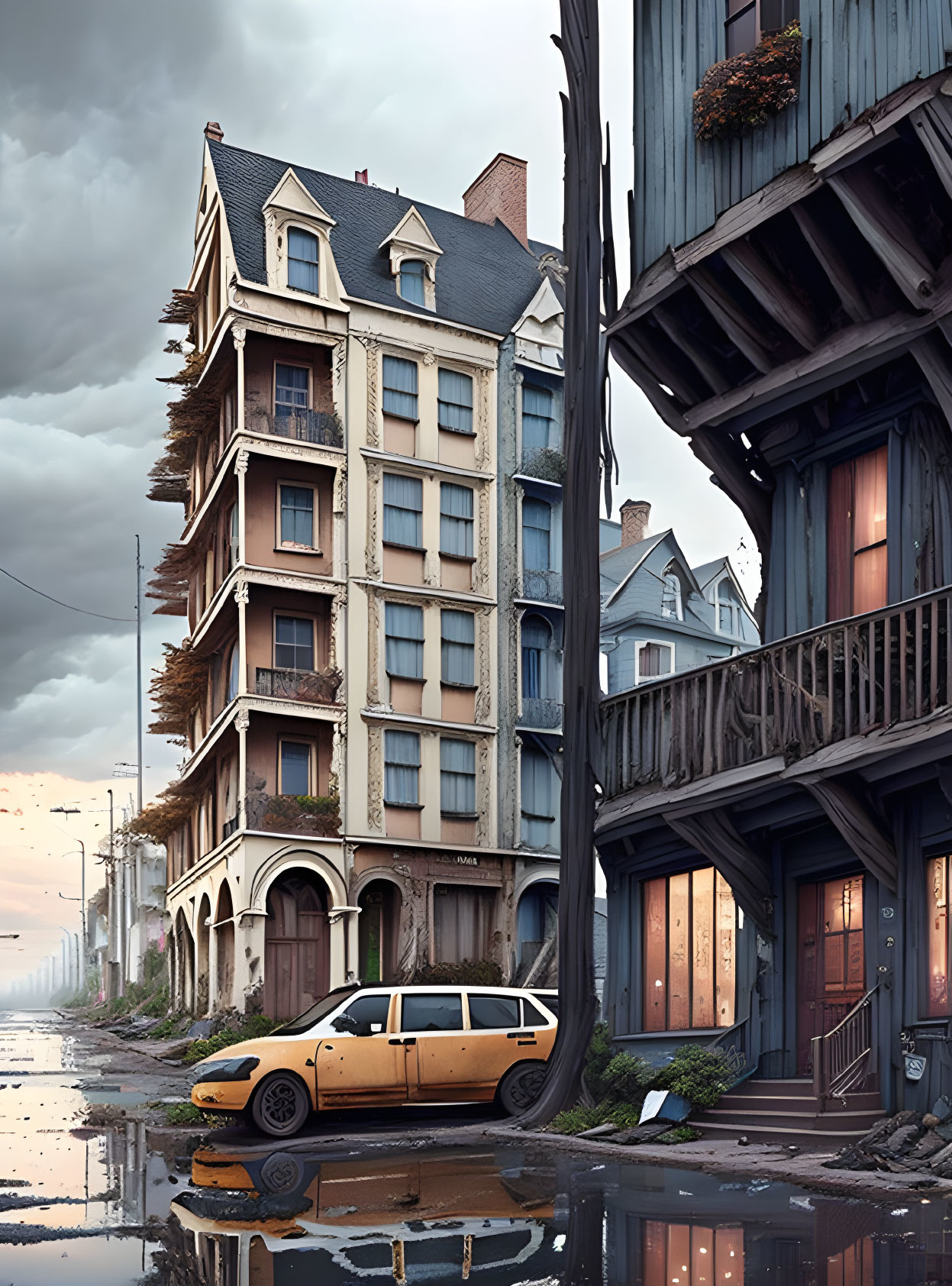 Deserted street with weathered buildings, yellow car, and overcast sky