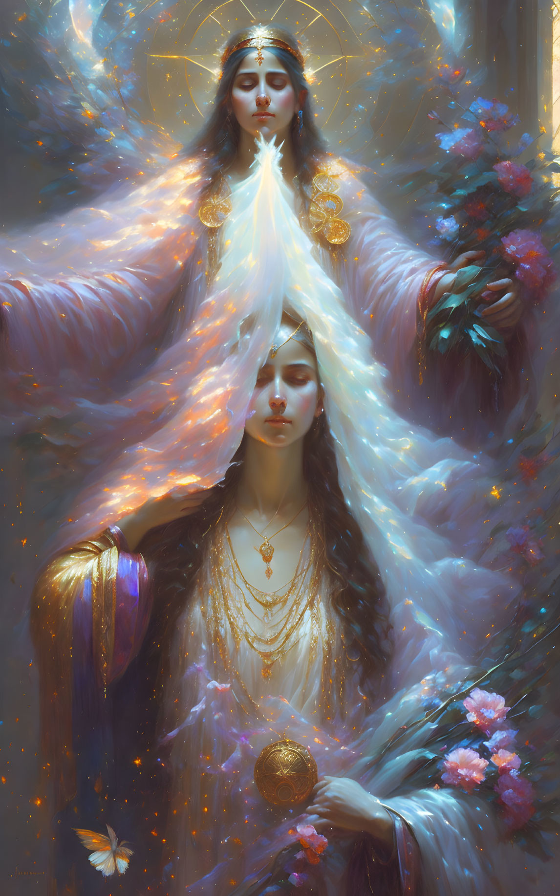 Ethereal painting of overlapping female figures in golden attire with flowers and butterflies