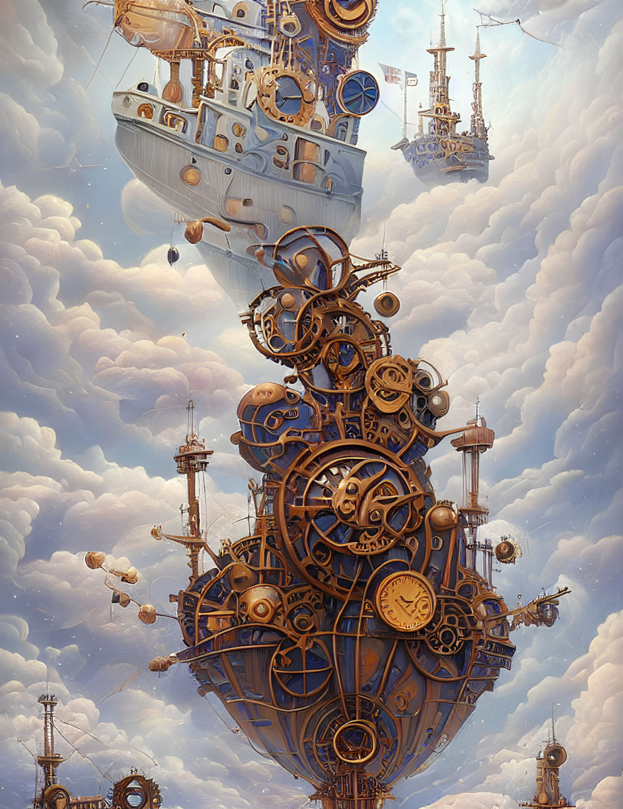 Steampunk airships above a mechanical floating island