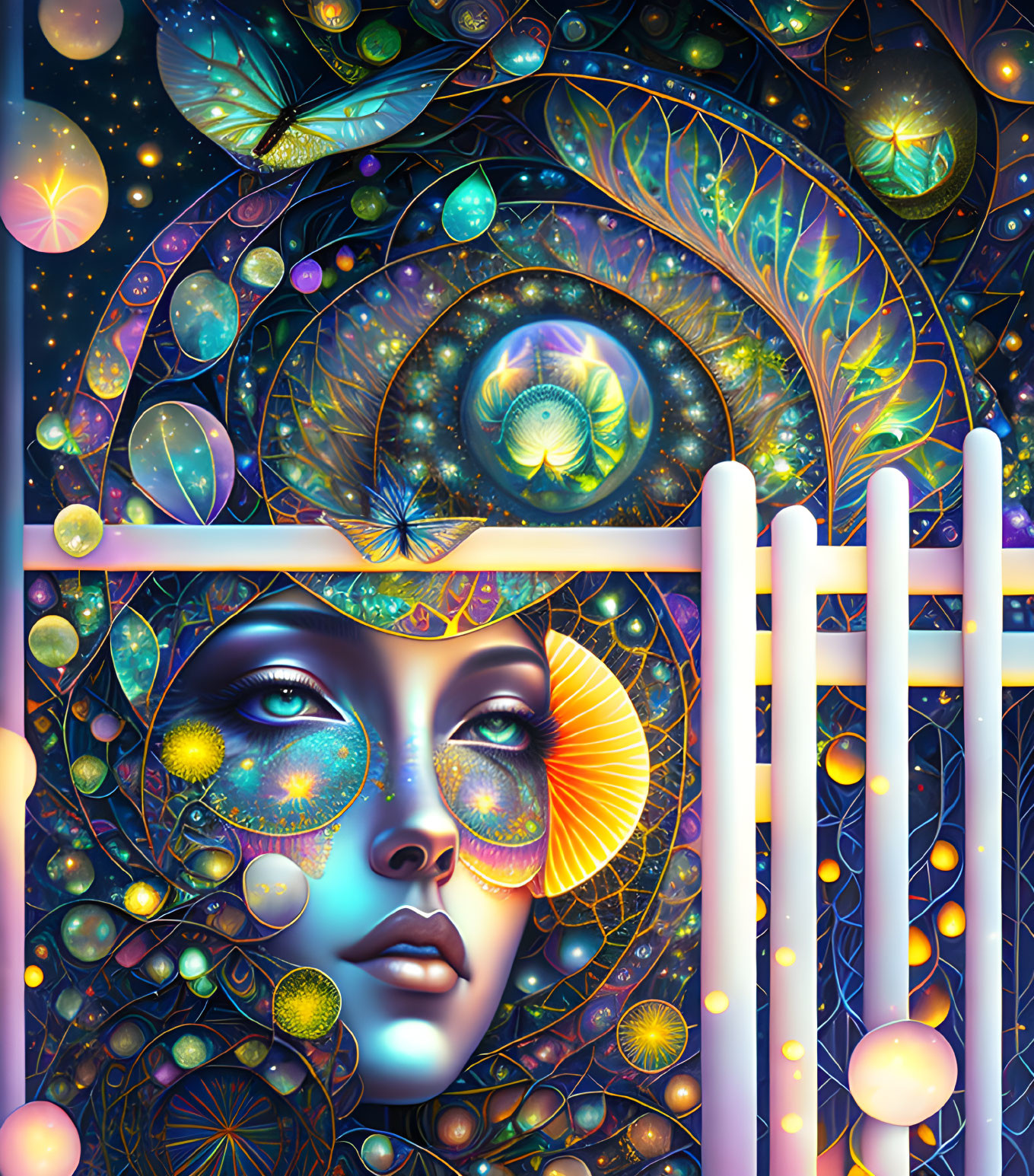 Colorful cosmic artwork featuring woman's face, butterflies, and geometric shapes