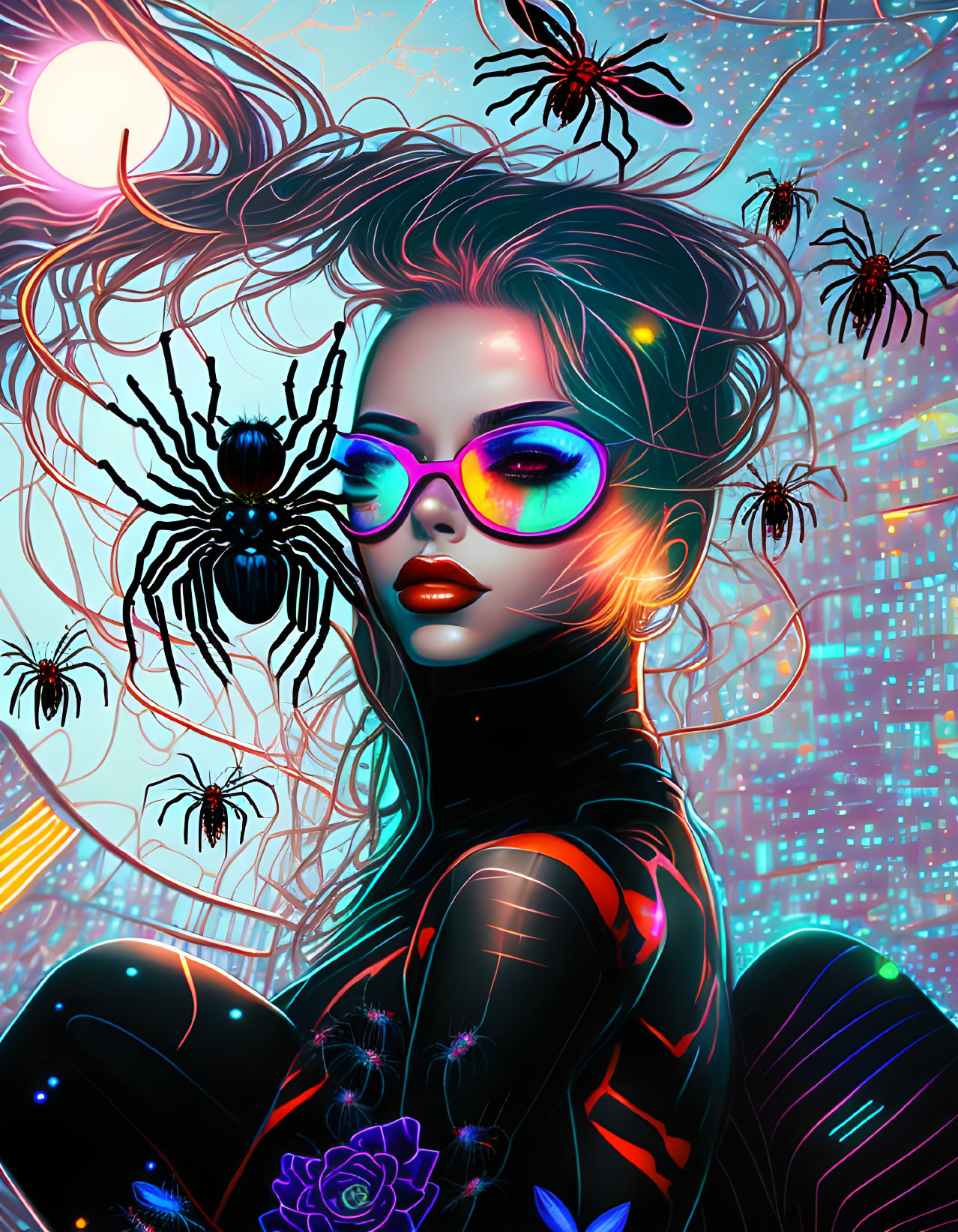 Colorful Artwork: Woman in Sunglasses with Spiders in Neon Futuristic Scene