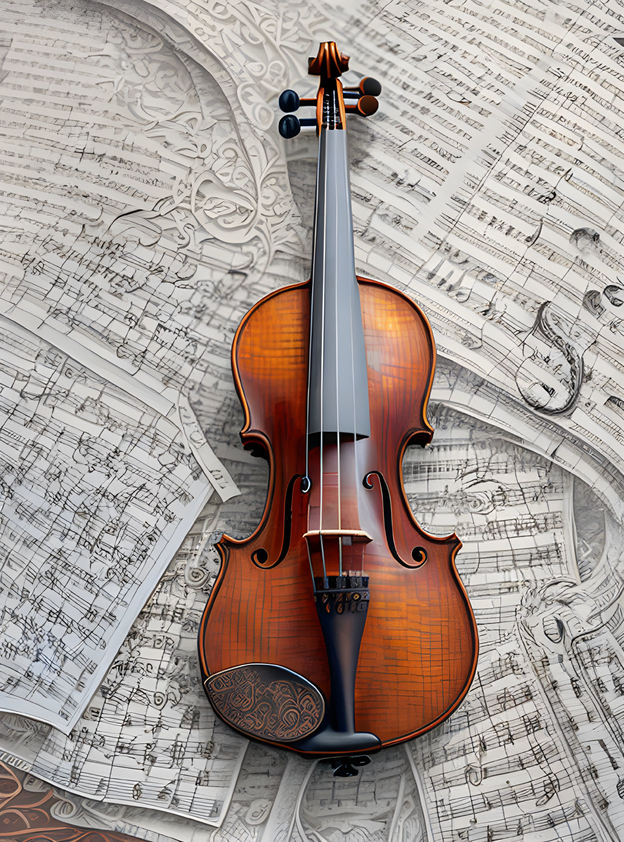 Violin resting on detailed sheet music showcasing classical beauty