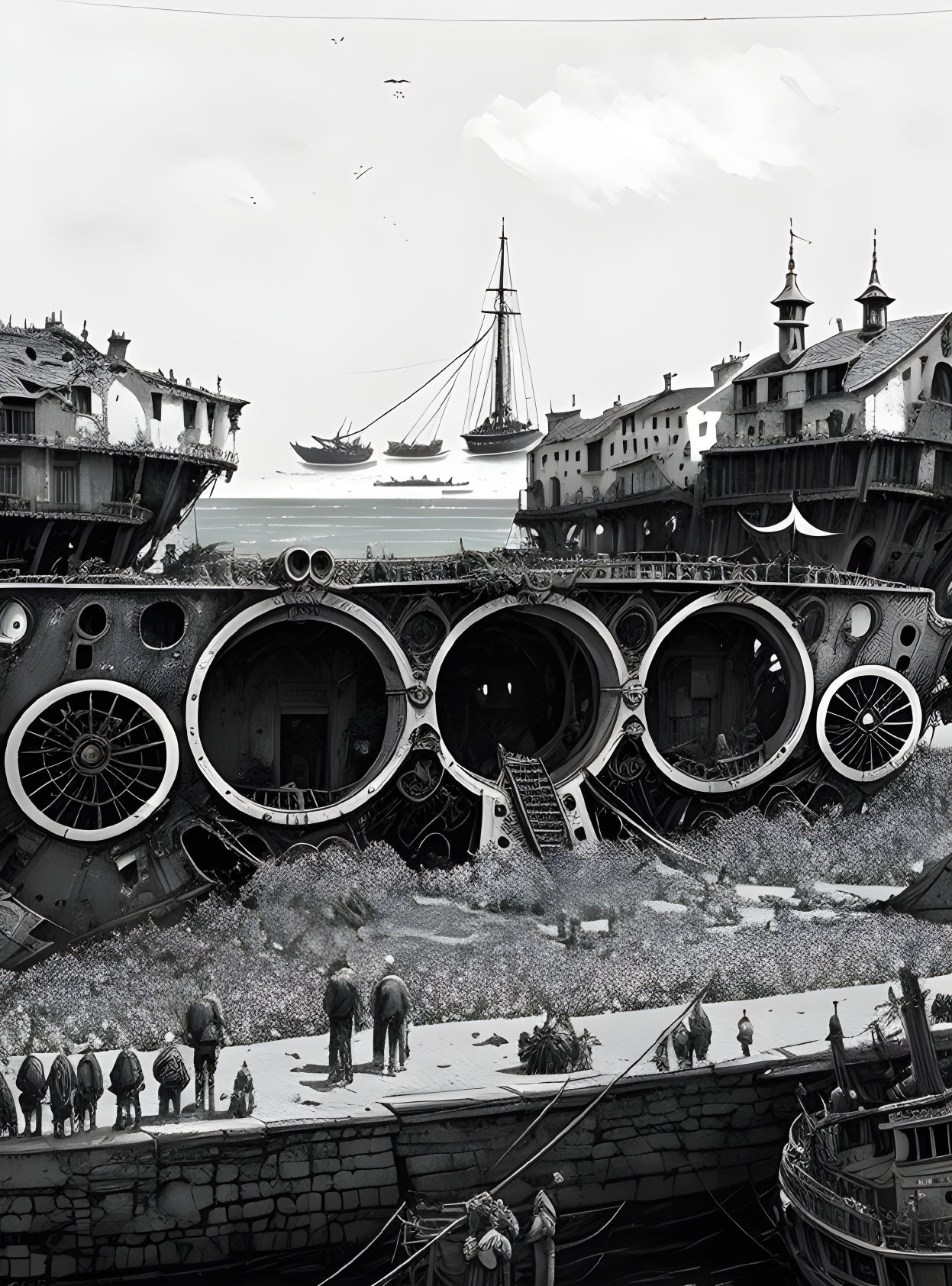 Monochrome architecture and machine fusion with people, boats, seagulls, and ships.