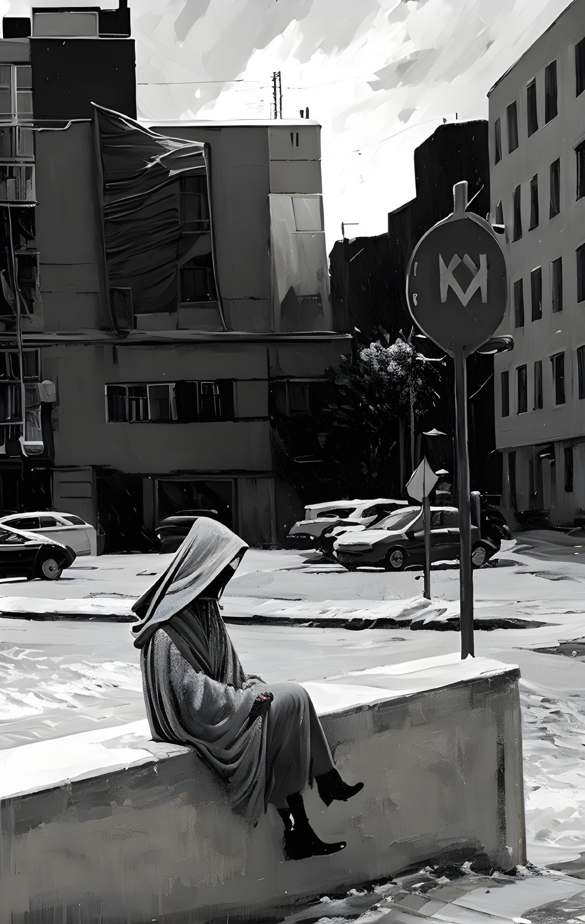 Person in wide-brimmed hat on concrete ledge in urban scene with sunlight, shadows, buildings,