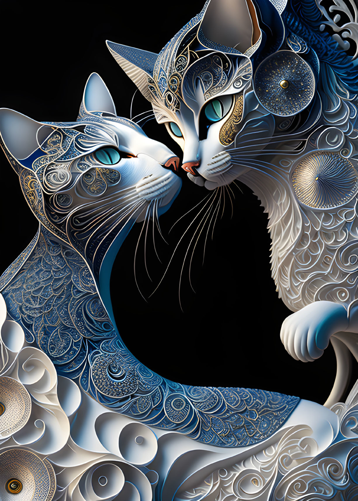 Stylized ornate cats with intricate gold and blue patterns on dark background