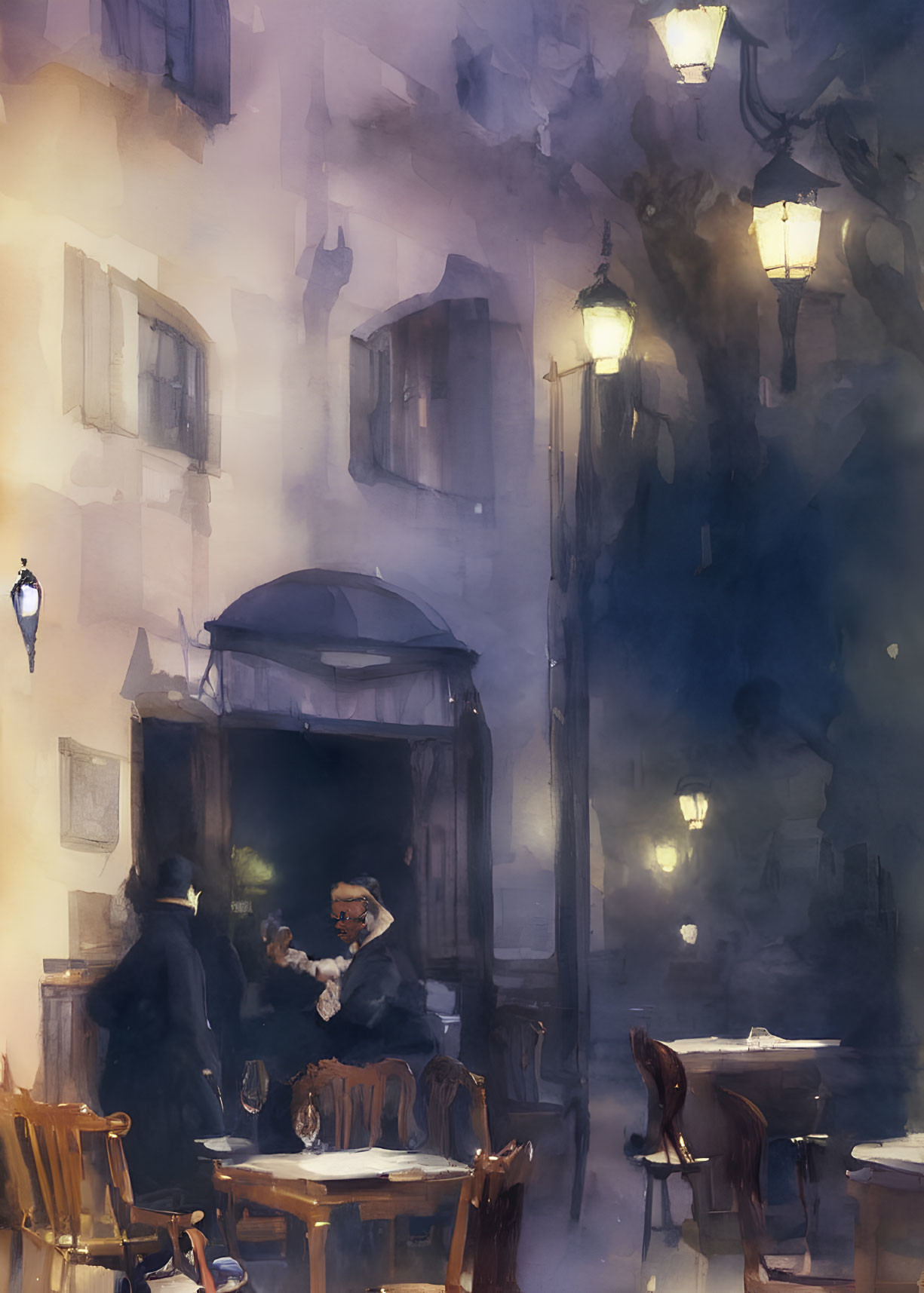 Quaint Street Evening Scene with Illuminated Lamps & Conversing Figures