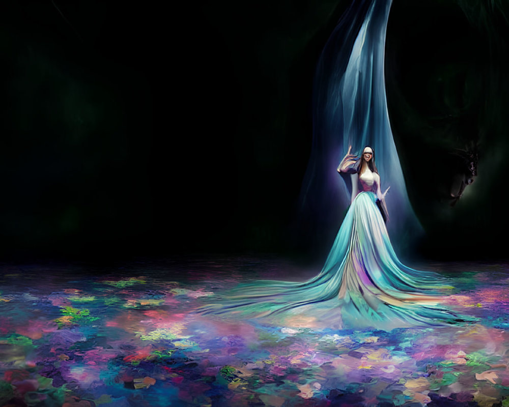 Woman in Flowing Gown Stands Under Cascading Light with Floral Patterns