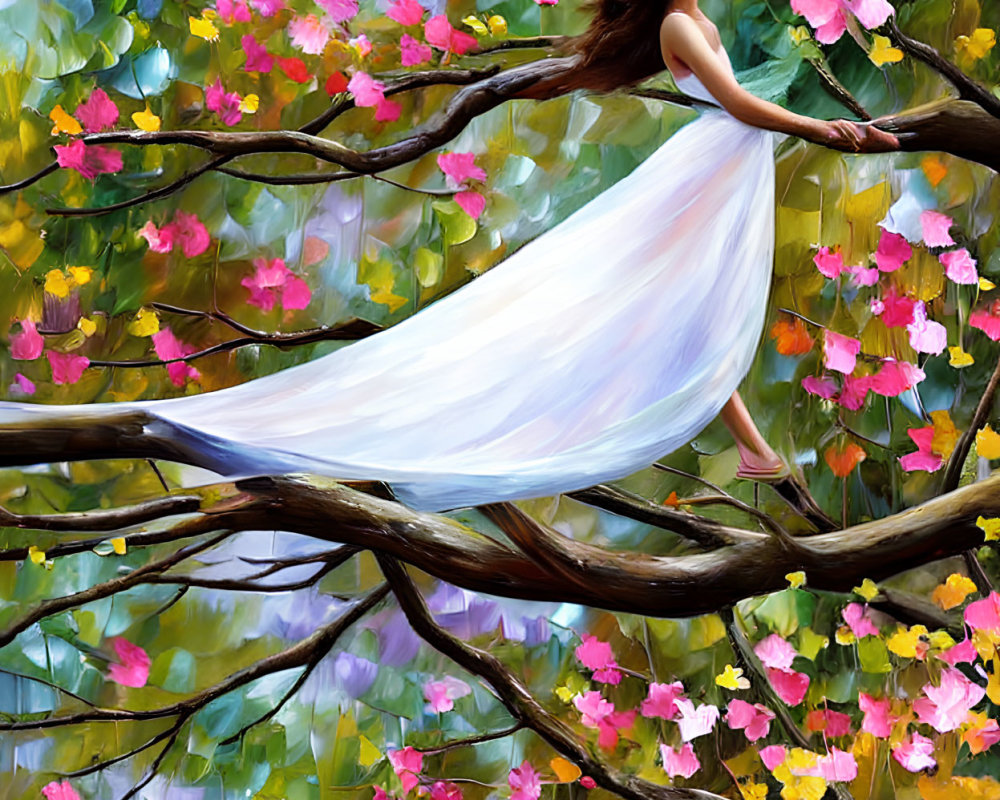 Woman in flowing white dress on tree branch with green leaves and pink flowers