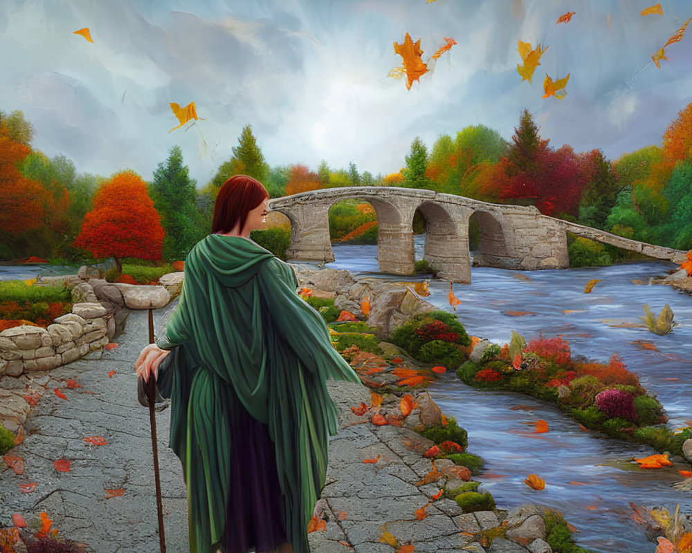 Woman in Green Cloak with Staff by River and Stone Bridge in Autumn