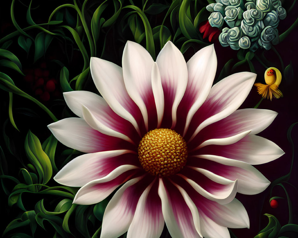 Vibrant digital art: White and pink flower with golden center among lush greenery