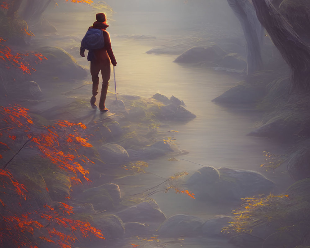 Autumnal forest scene with hiker by misty stream