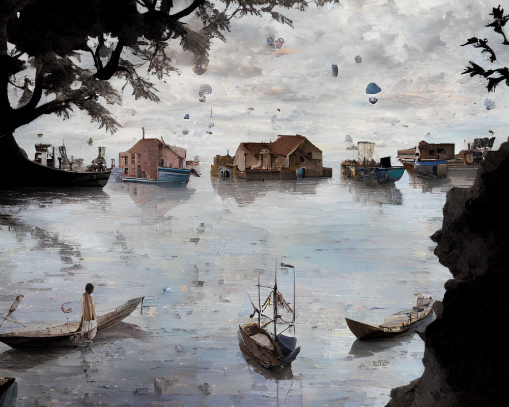 Tranquil water scene with boats, floating houses, hot air balloons, and cave entrance