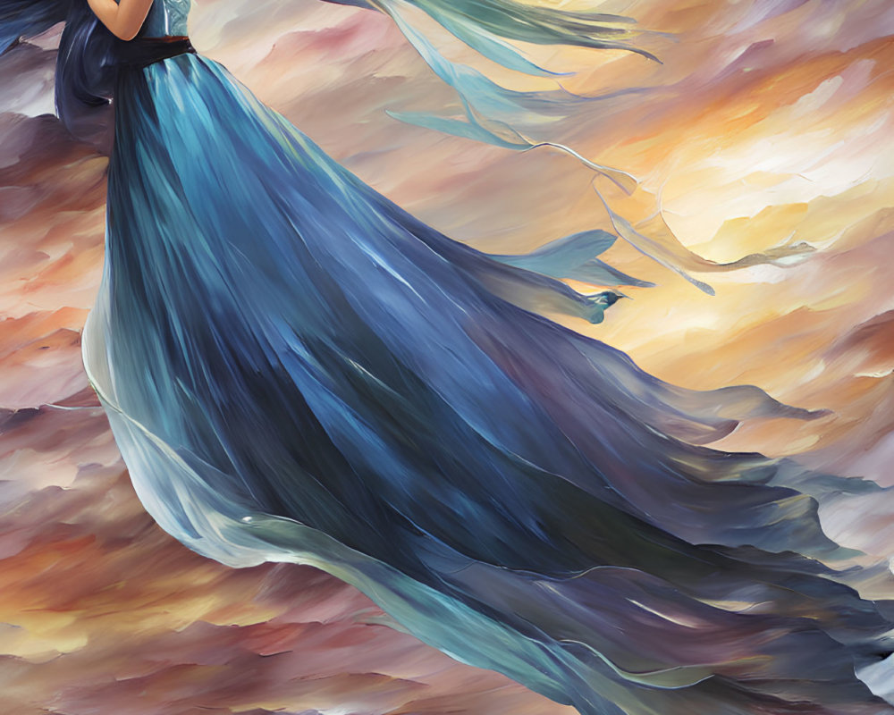 Woman in flowing blue dress against vibrant, cloud-swirled sky