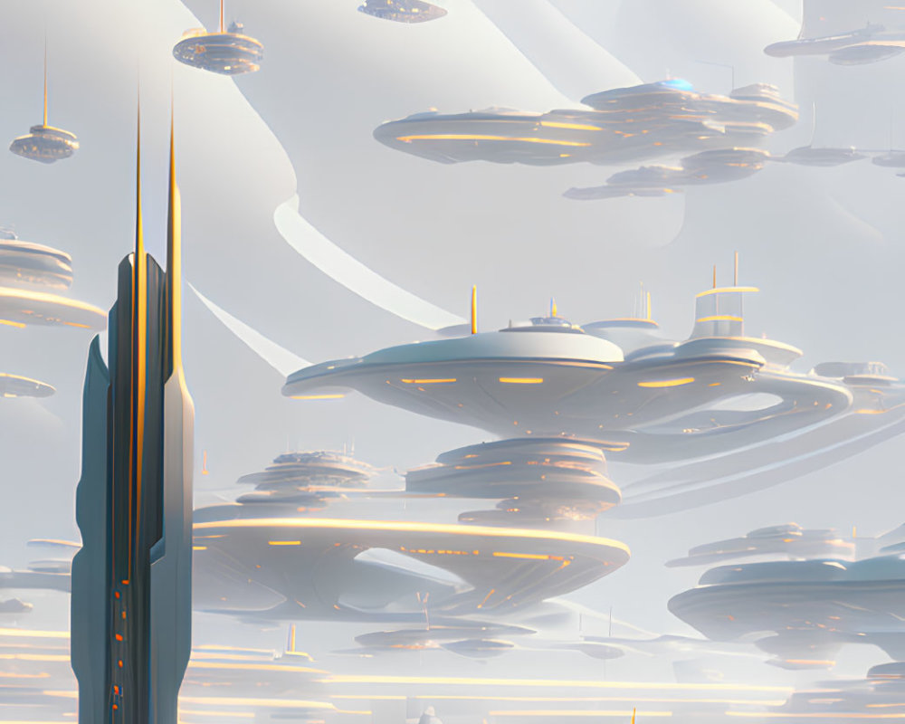 Futuristic cityscape with skyscrapers and flying vehicles under layered clouds