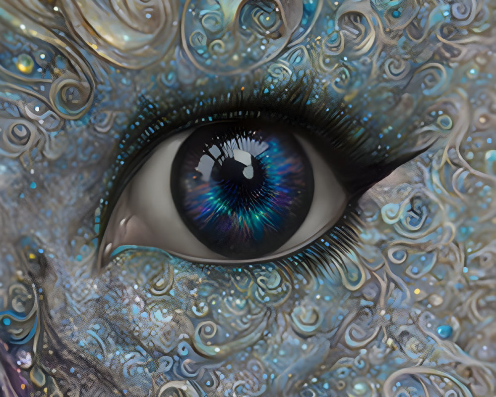 Close-up Digital Artwork: Eye with Cosmic Swirls in Blue, Grey, and Gold