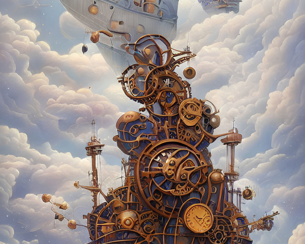 Steampunk airships above a mechanical floating island