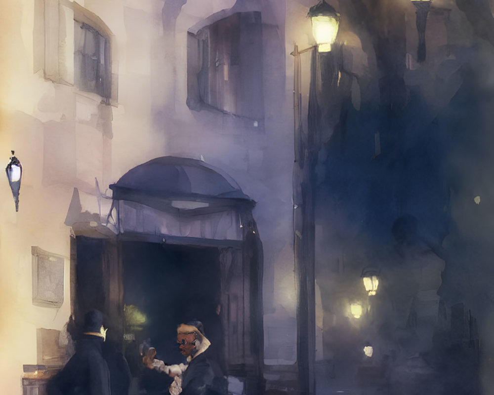 Quaint Street Evening Scene with Illuminated Lamps & Conversing Figures