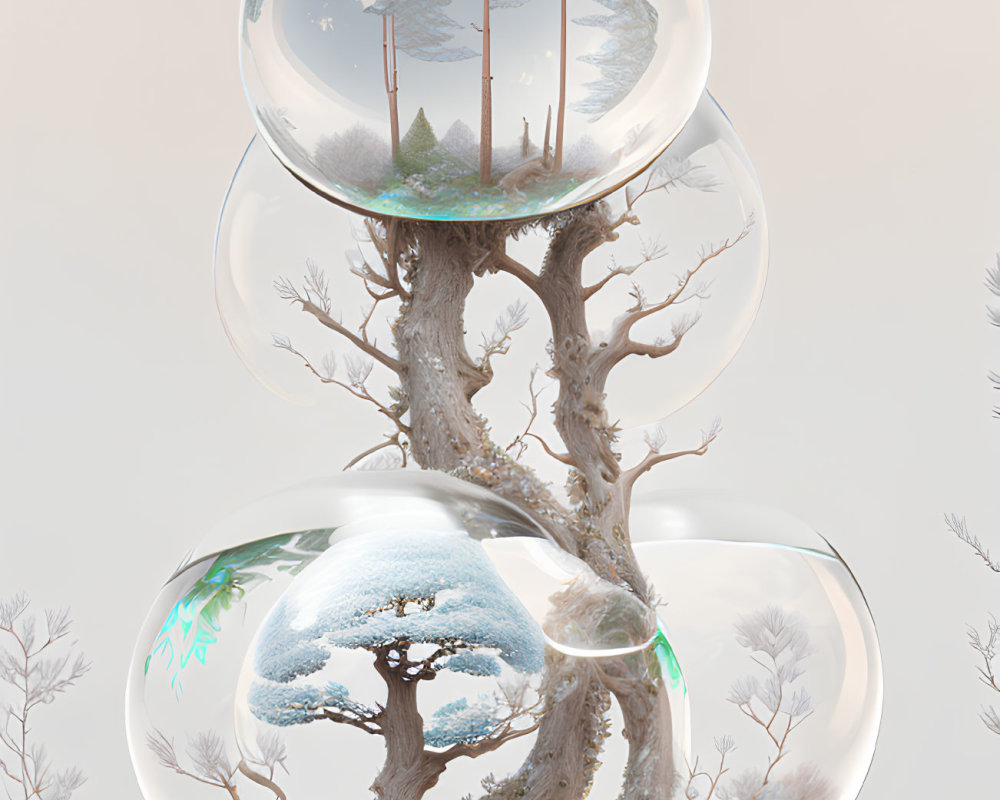 Surreal artwork of tree with transparent bubbles showcasing seasonal landscapes