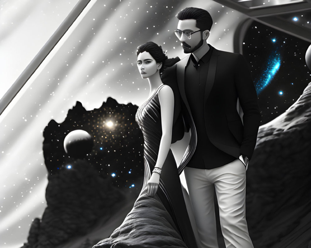 Man and woman in formal attire on alien landscape with glass dome and celestial bodies.