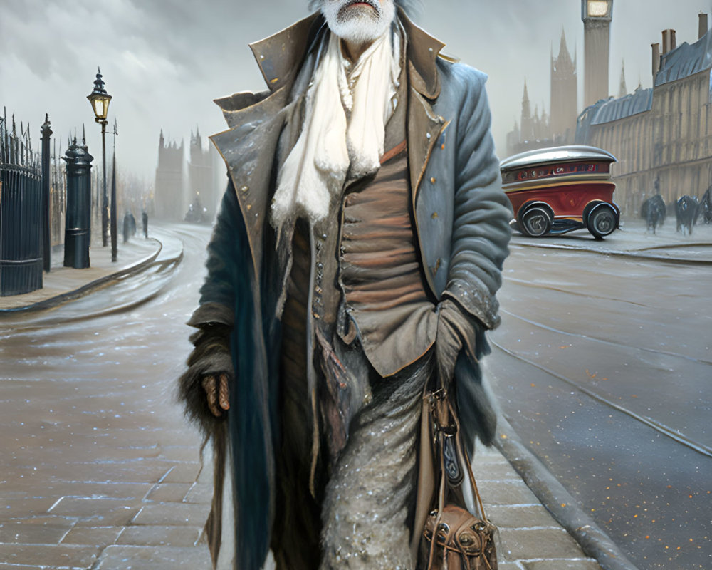 Victorian gentleman in top hat and coat near Big Ben on foggy London street