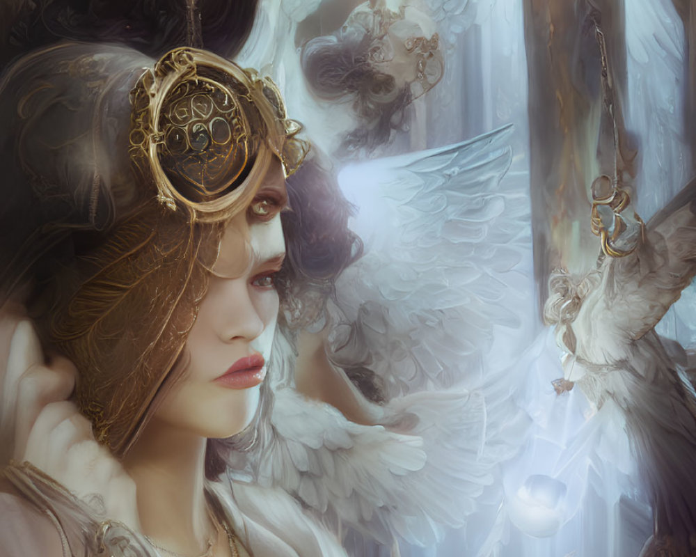 Mystical artwork of pensive woman with ornate headpiece and ethereal beings