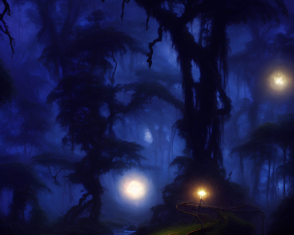 Enchanting night forest with winding path, overgrown trees, and glowing orbs