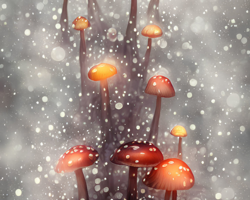 Glowing mushrooms in snowy landscape with warm light