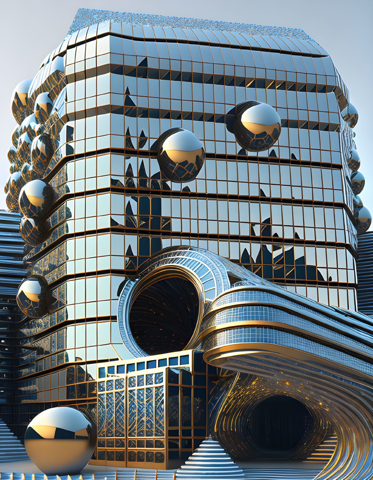 Modern building with golden reflective surfaces and spherical structures against blue sky