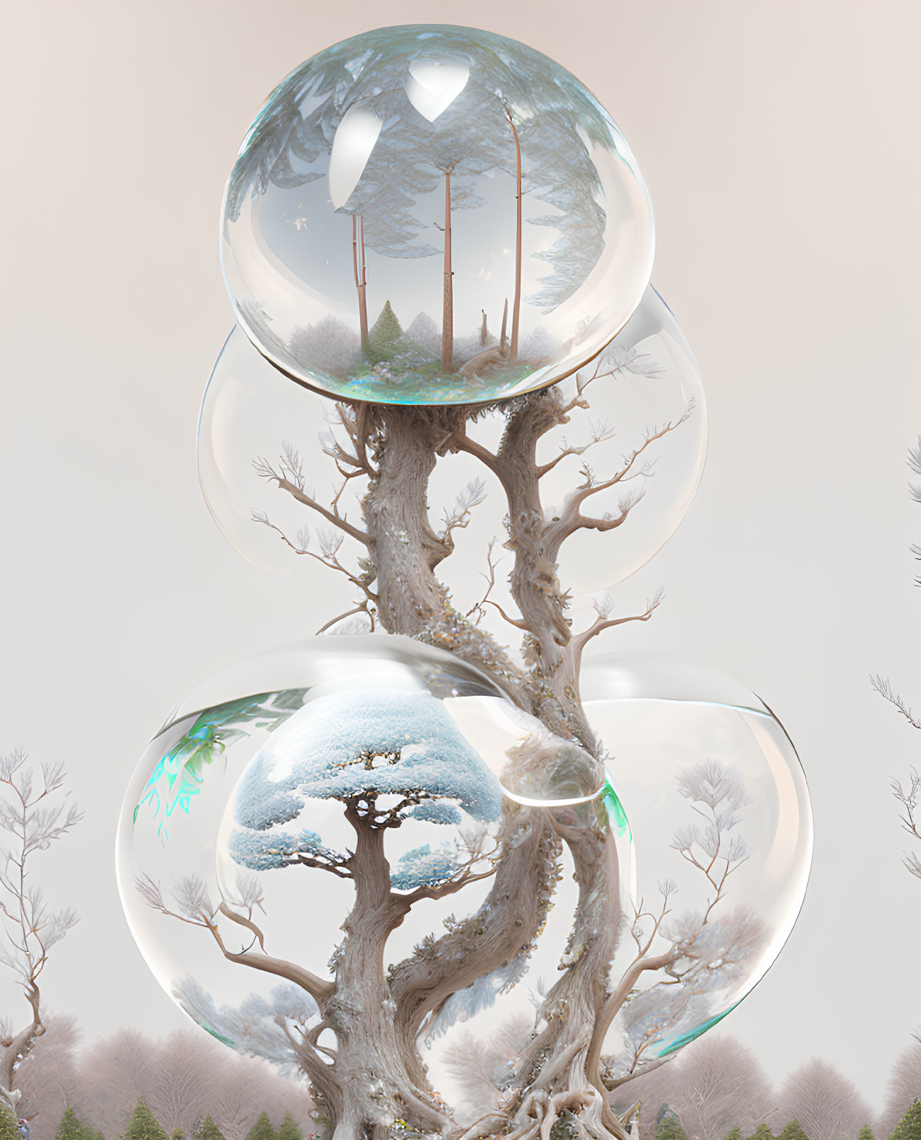 Surreal artwork of tree with transparent bubbles showcasing seasonal landscapes