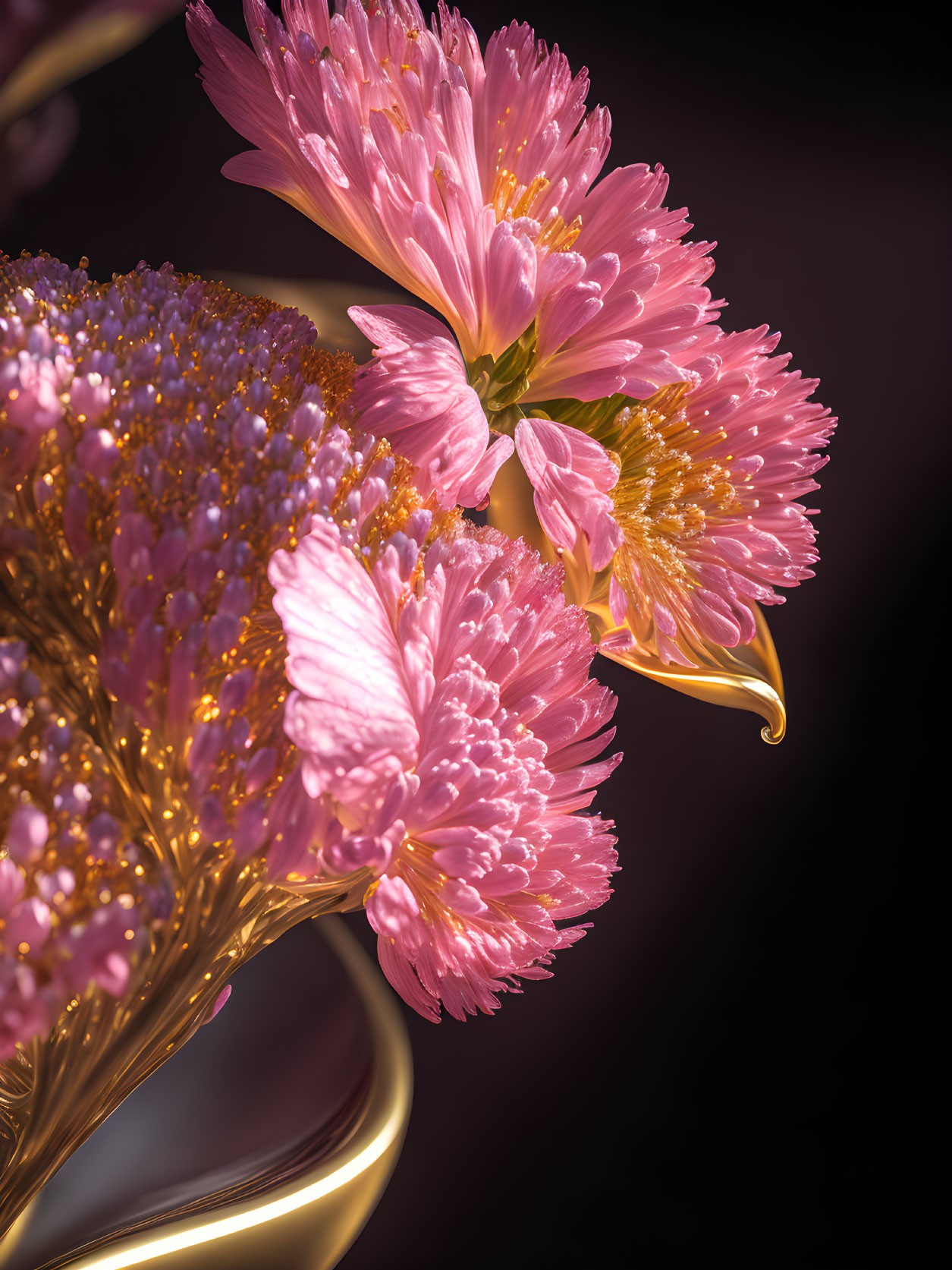 Vibrant pink flowers with golden accents and droplets on dark backdrop