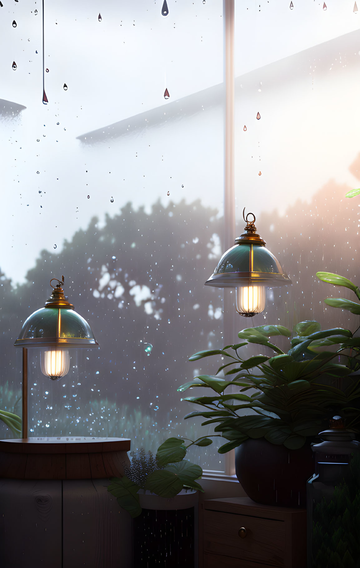 Warmly lit interior corner with hanging lamps, wooden cabinet, plants, and rain-splattered window