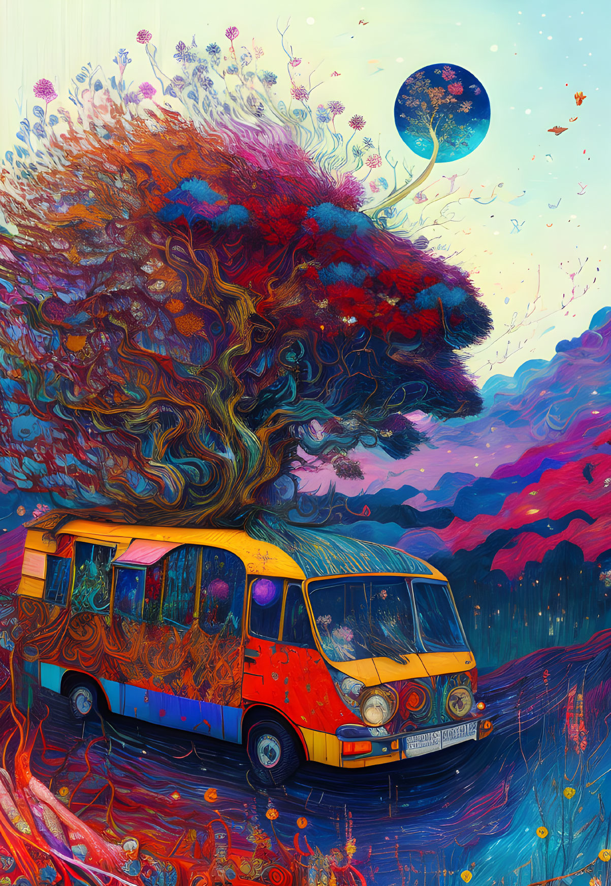 Colorful Bus Surrounded by Surreal Foliage and Butterflies