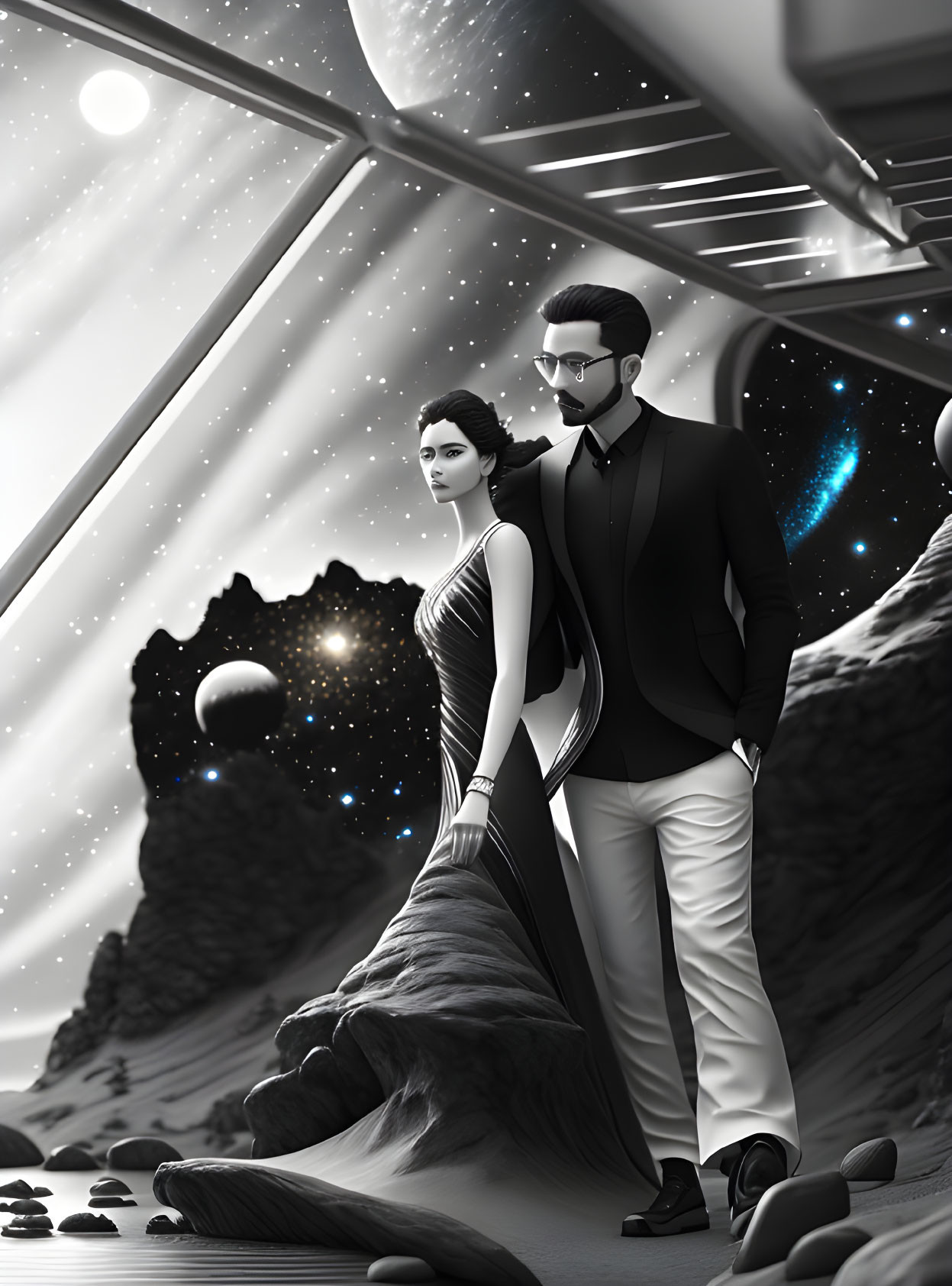 Man and woman in formal attire on alien landscape with glass dome and celestial bodies.