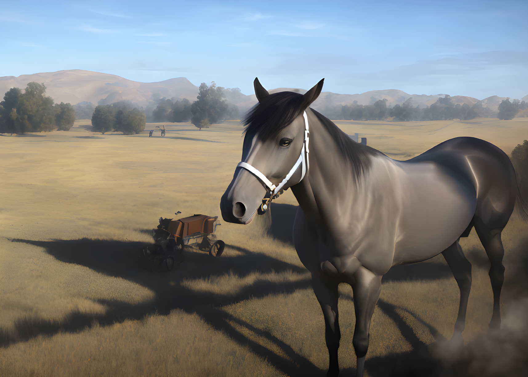 Horse in foreground with open field and horse-drawn cart in background