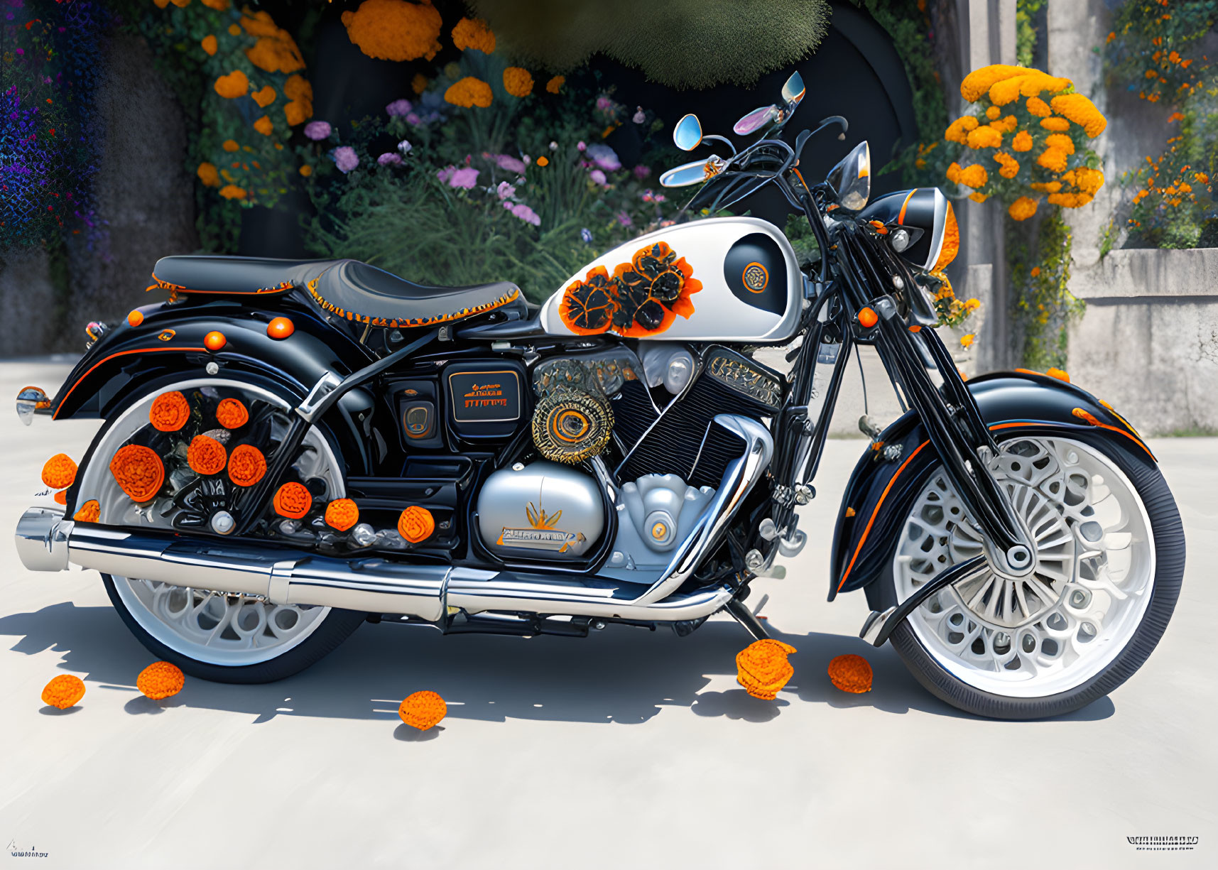 Vintage Black Motorcycle with Floral Patterns and Marigold Flowers Parked by Stone Wall