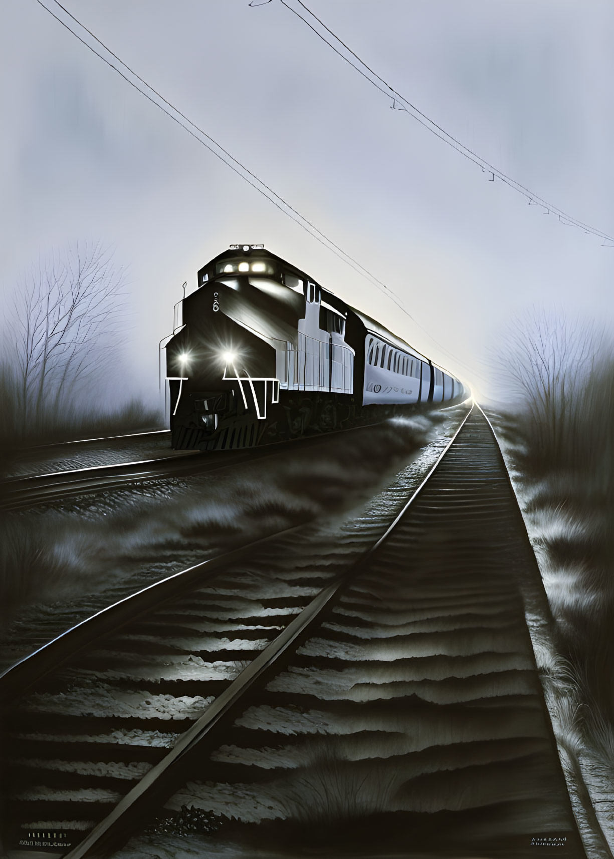 Lead locomotive on straight track in misty, dimly lit landscape