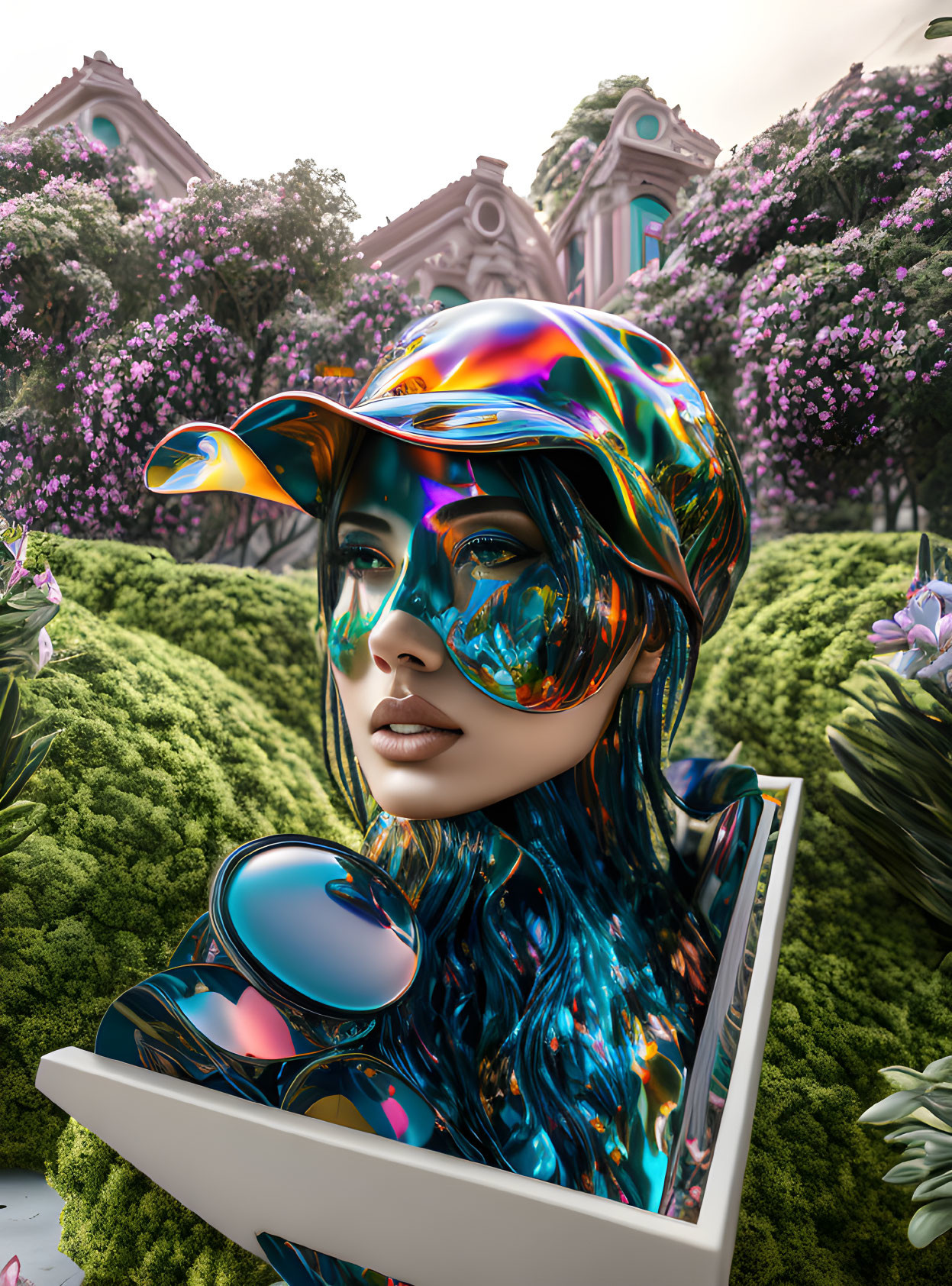 Colorful digital artwork: Woman with iridescent skin and cap in lush greenery