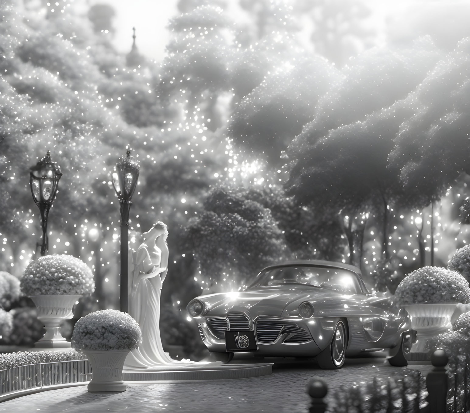 Classic car parked by garden walkway with trees, statue, and sparkles