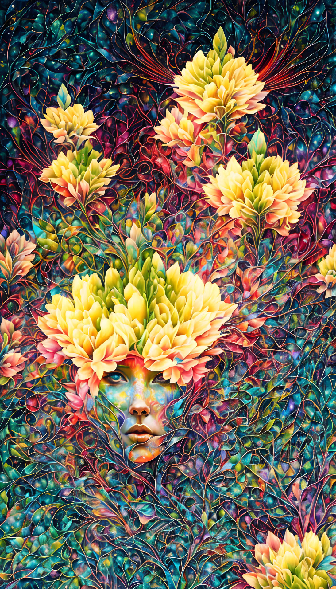 Colorful digital artwork: Woman's face in floral fantasy.