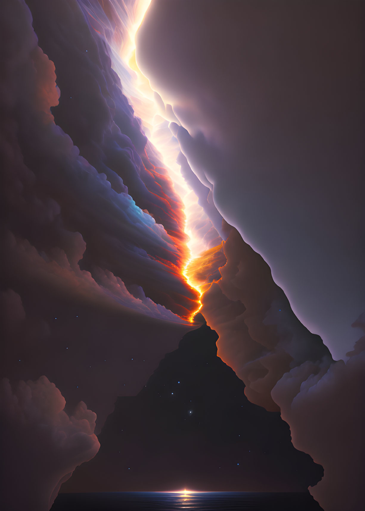 Mountain Night Sky Lightning Bolt Scene with Dark Clouds and Calm Sea