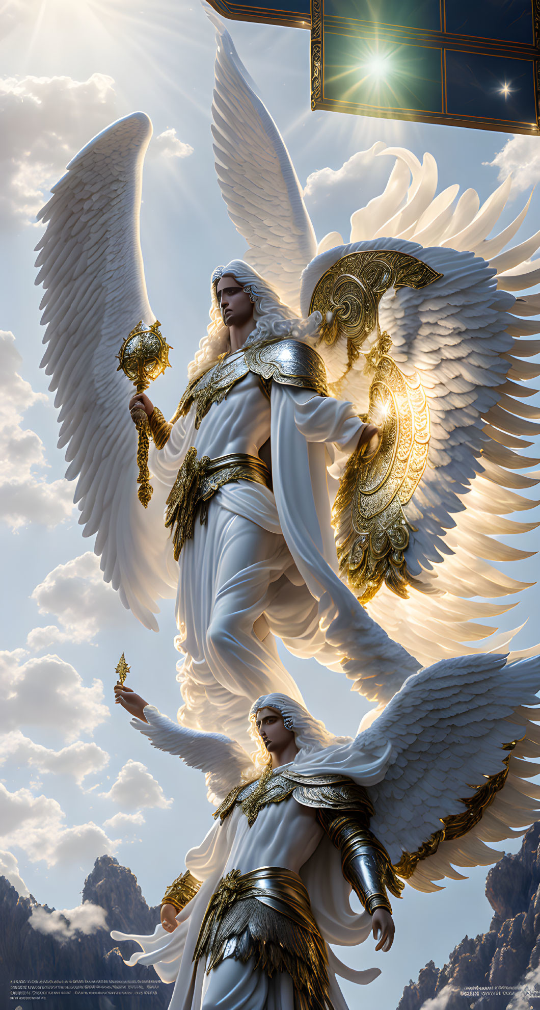 Two majestic white-winged angels in golden armor on a mountain under a dramatic sky